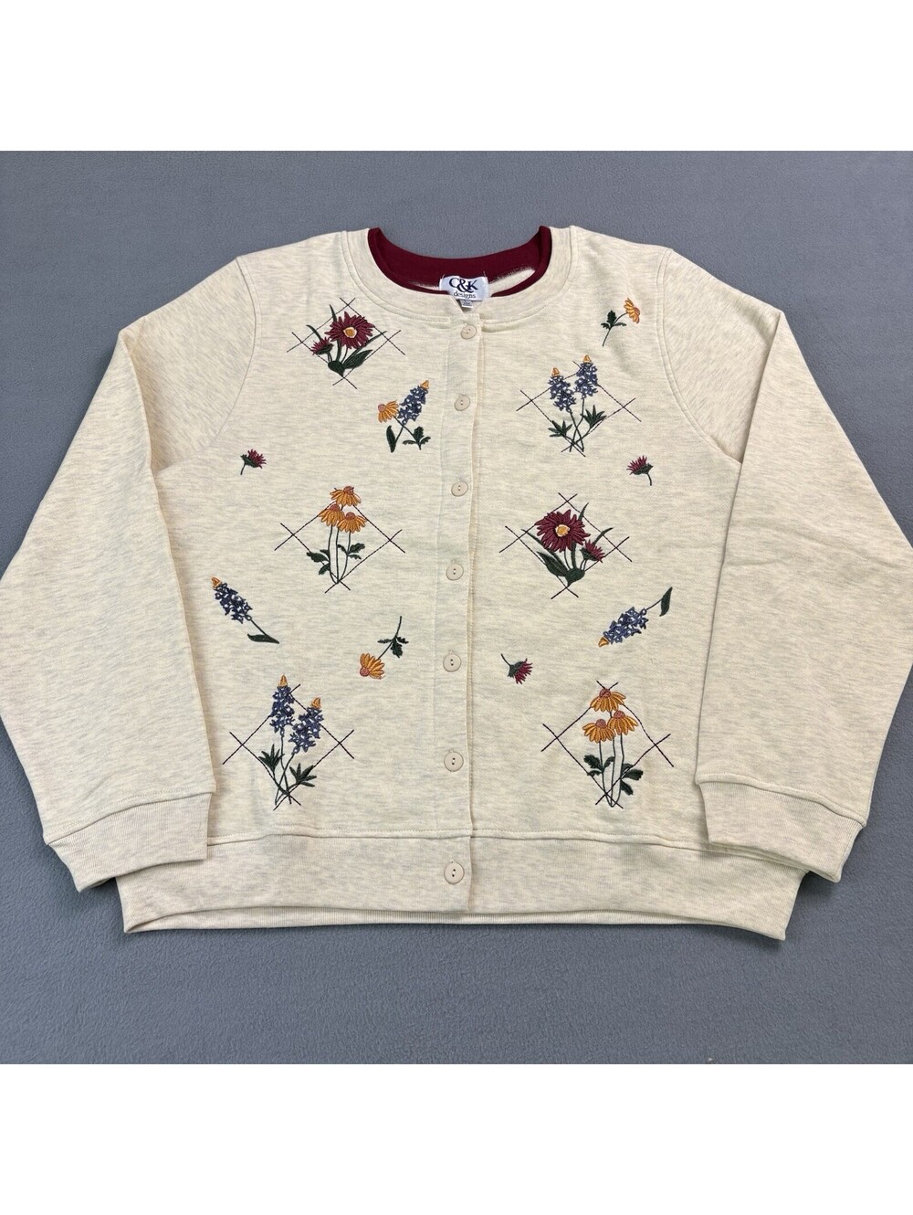 Vintage Embroidered Flower Floral Cardigan Sweatshirt Women’s Size Large Beige